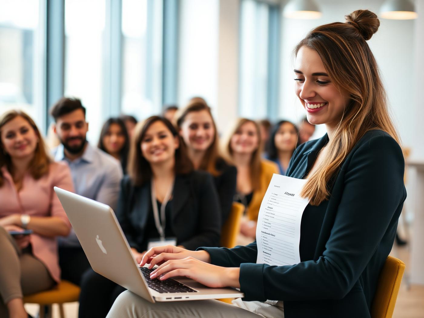 Event organizer reviewing an attendee list on a laptop while a diverse workshop audience sits behind her.