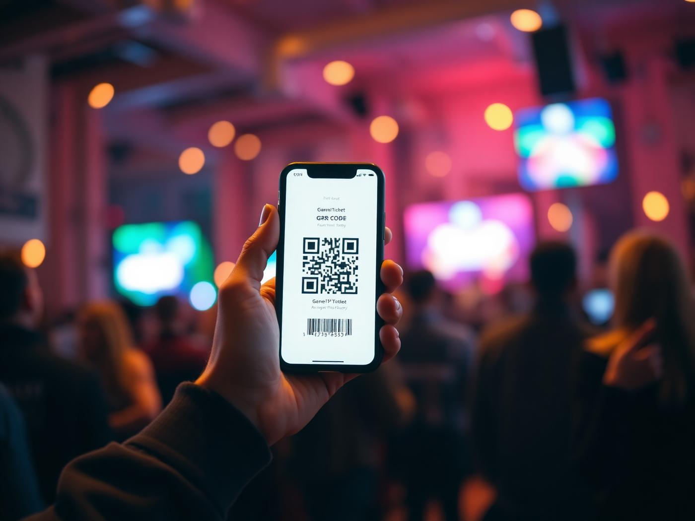 Attendee holding a smartphone showing a QR ticket at a lively venue entrance.