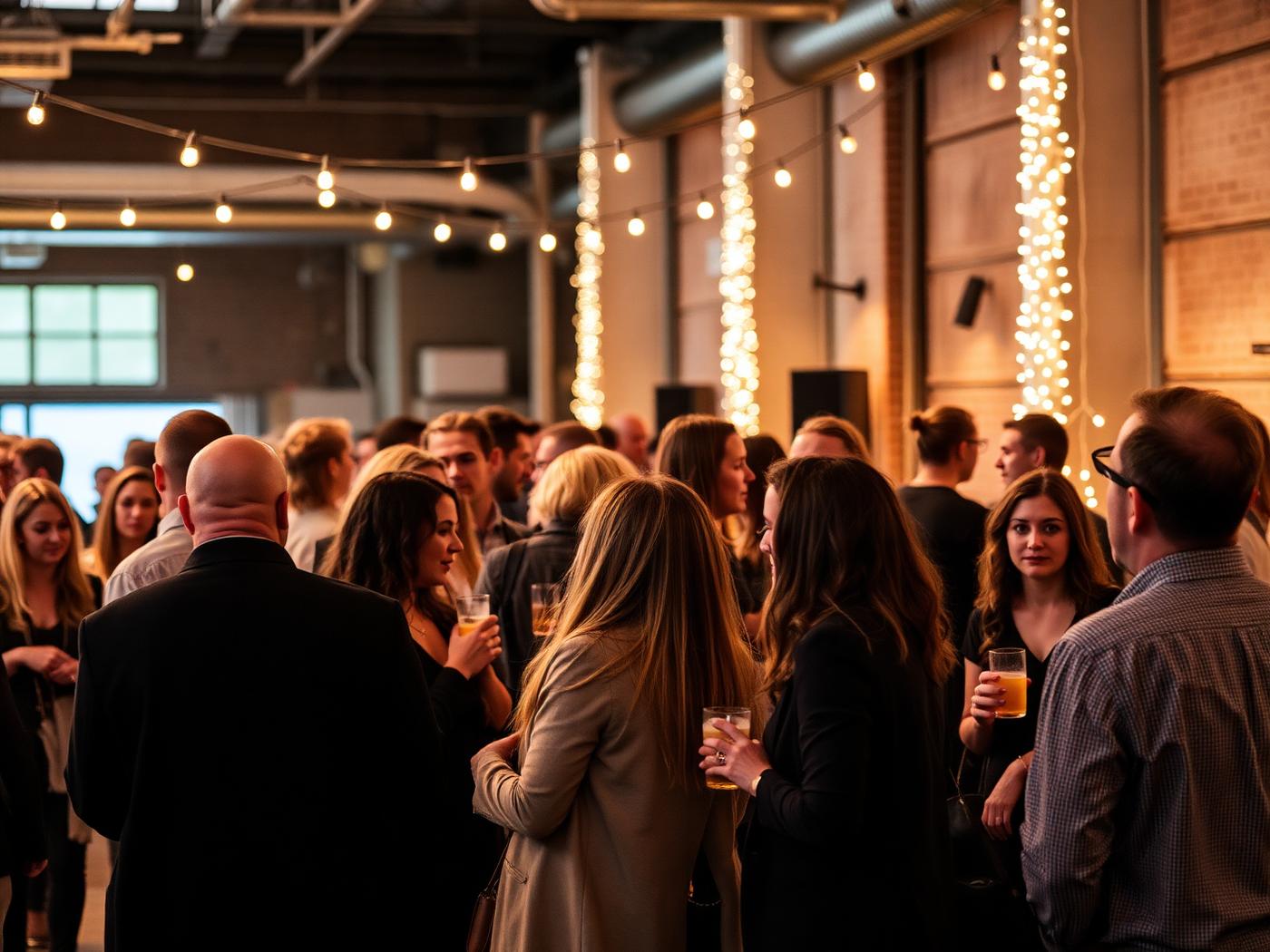 Diverse professionals mingling with drinks under warm string lights at a modern networking event.