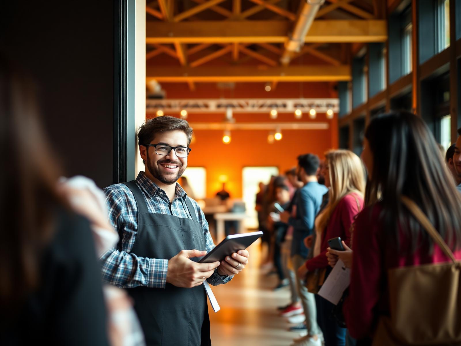 Event organizer with a tablet welcoming attendees at the entrance of a modern workshop venue.